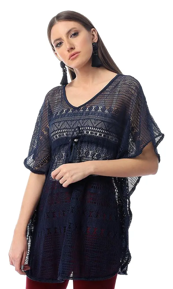 53882 Deep V-Neck & Back Navy Blue Long Top With Slits