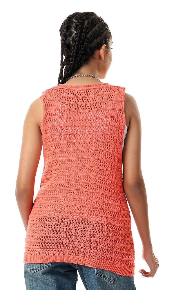 57820 Perforated Knit Sleeveless Coral Top