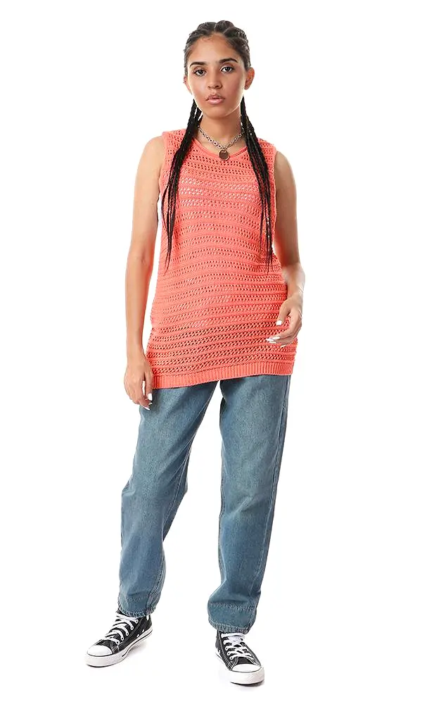 57820 Perforated Knit Sleeveless Coral Top