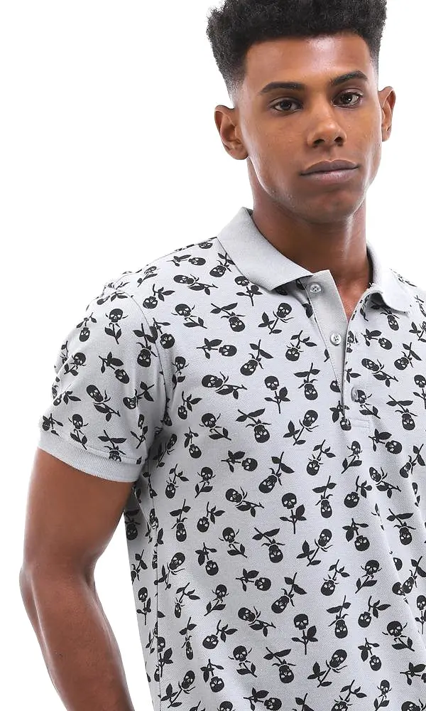 94924 Skull Flower Printed Medium Grey Polo Shirt