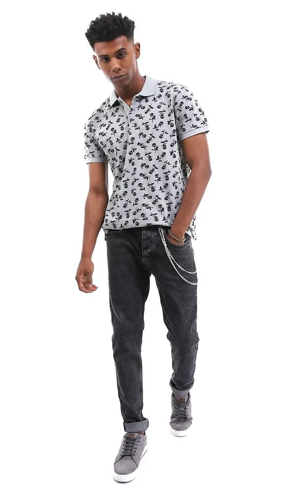 94924 Skull Flower Printed Medium Grey Polo Shirt