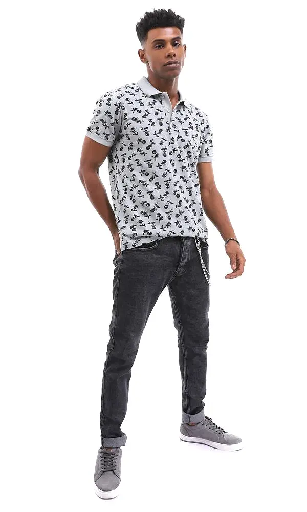 94924 Skull Flower Printed Medium Grey Polo Shirt