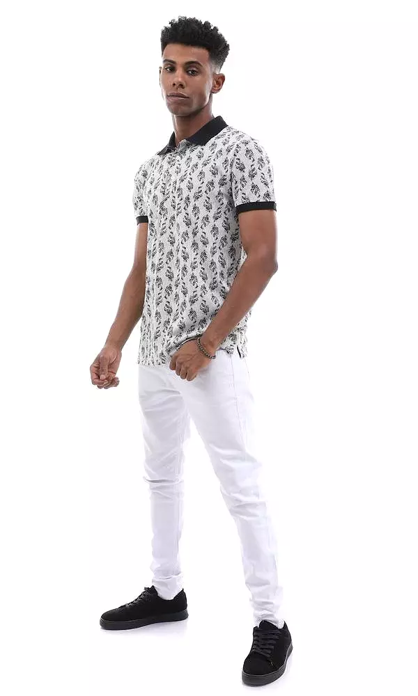 95007 Printed Striped & Leaves Buttoned Off White & Black Polo Shirt