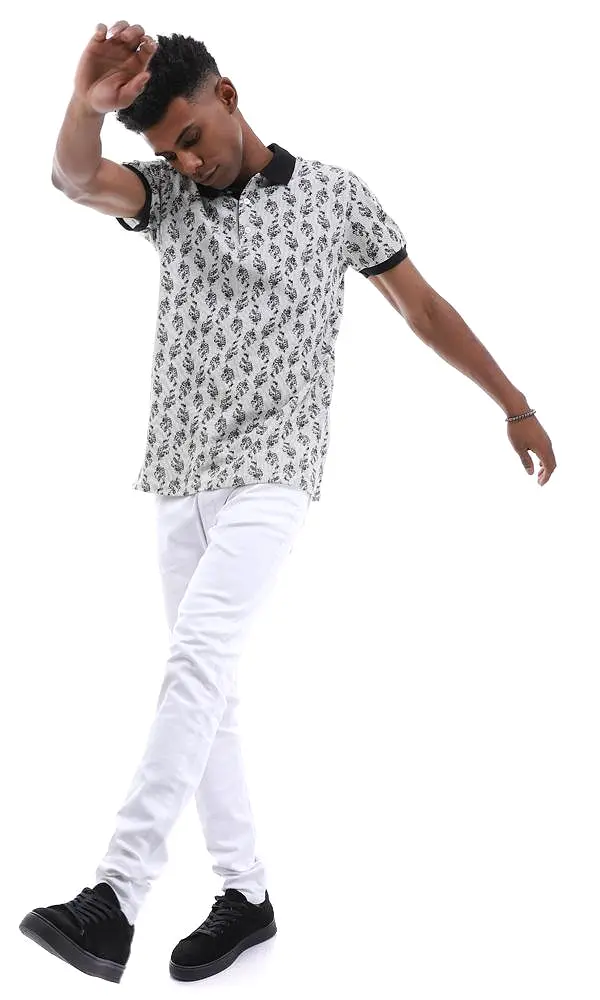 95007 Printed Striped & Leaves Buttoned Off White & Black Polo Shirt