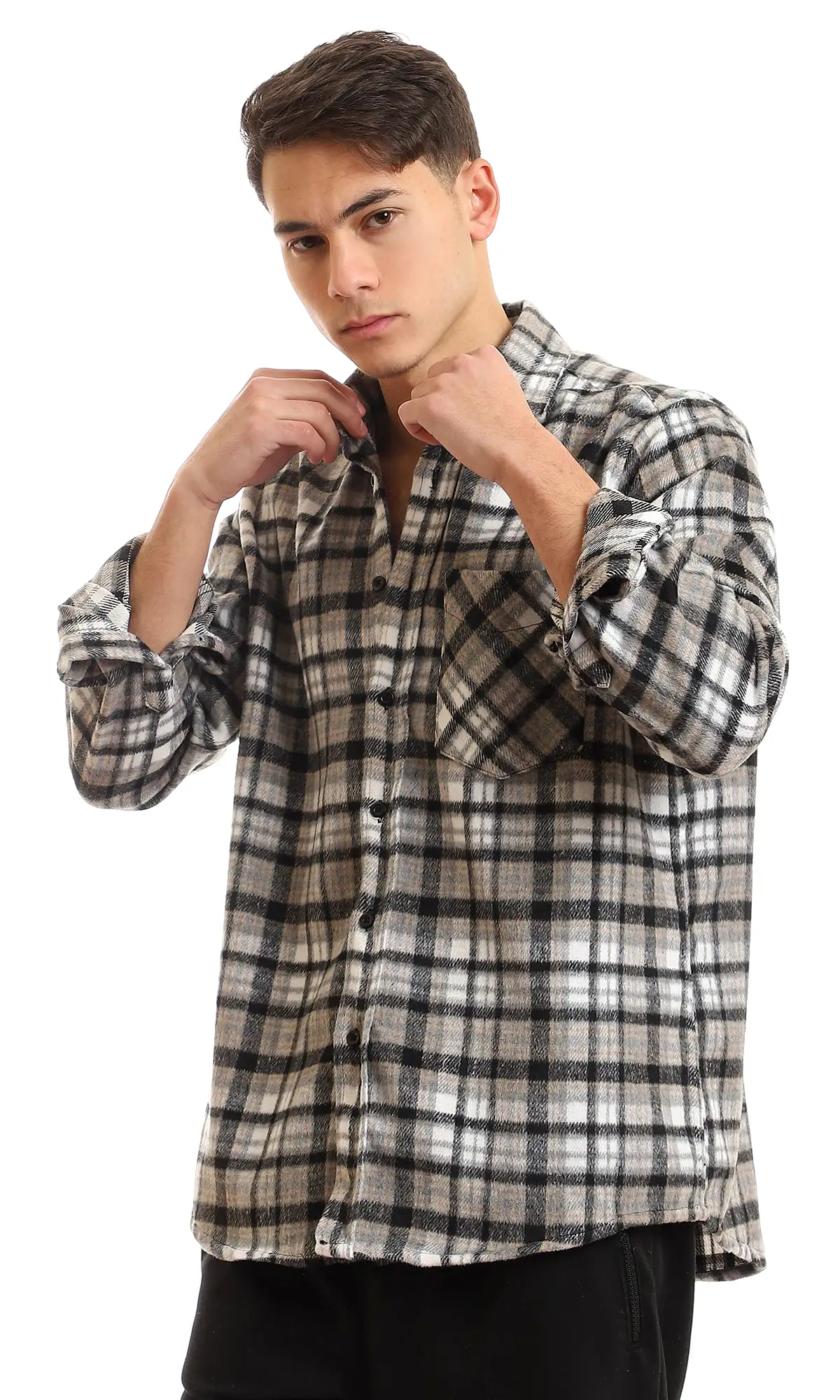 95995 Cotton Checkered Side Left Pocket Shirt - Black & Beige