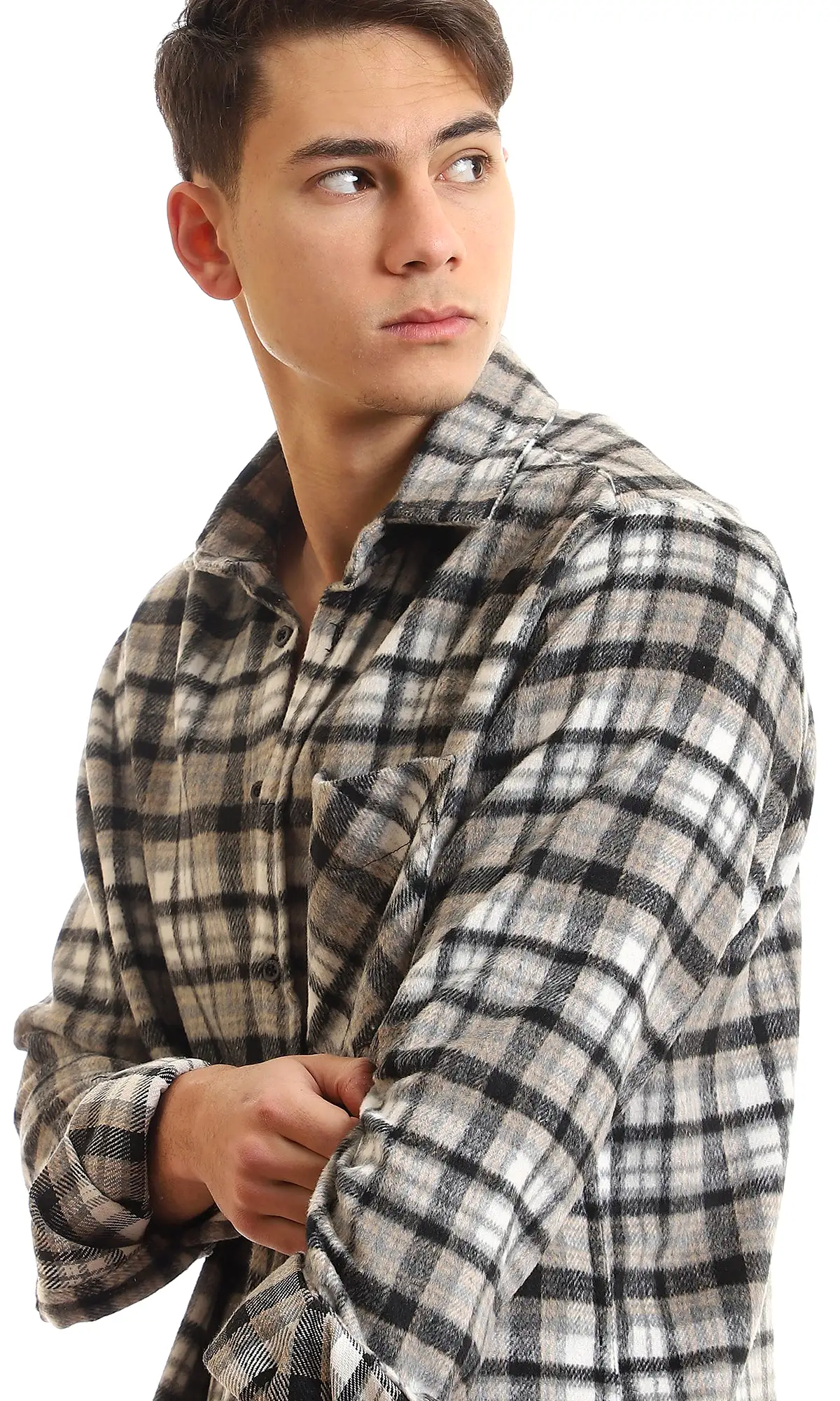 95995 Cotton Checkered Side Left Pocket Shirt - Black & Beige