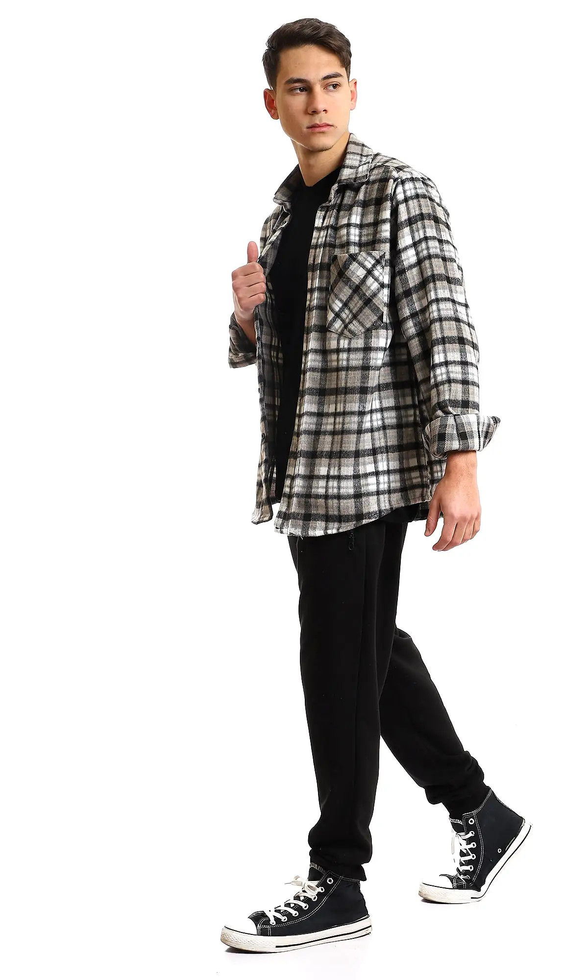 95995 Cotton Checkered Side Left Pocket Shirt - Black & Beige