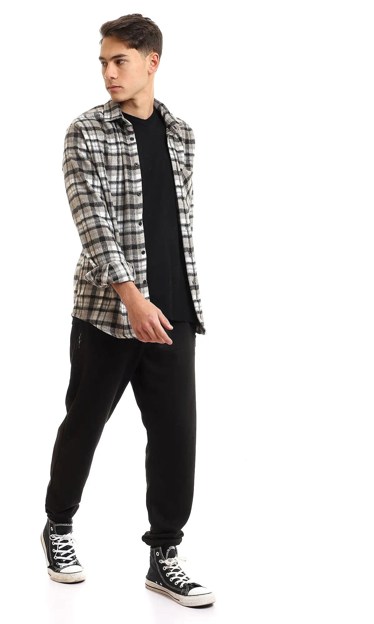 95995 Cotton Checkered Side Left Pocket Shirt - Black & Beige