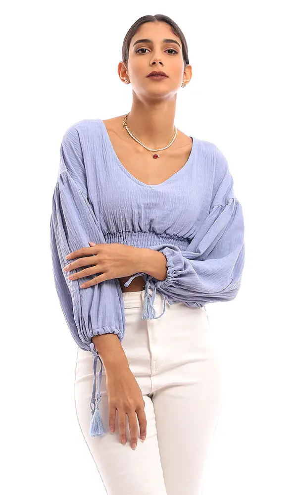 96775 Cropped Polyester Blouse With Wide Elastic Trim - Cornflower Blue