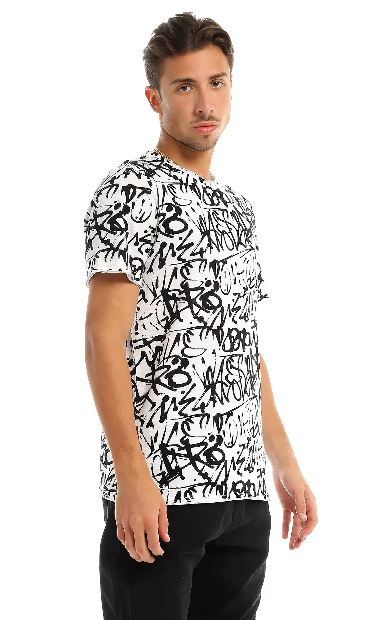 97177 Cool Self Patterned Crew Neck Black & White T-Shirt