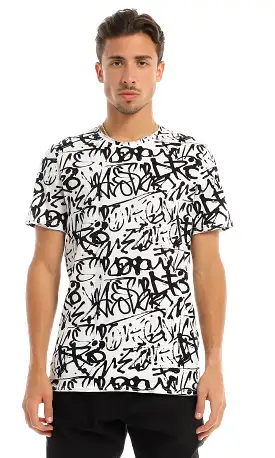 97177 Cool Self Patterned Crew Neck Black & White T-Shirt