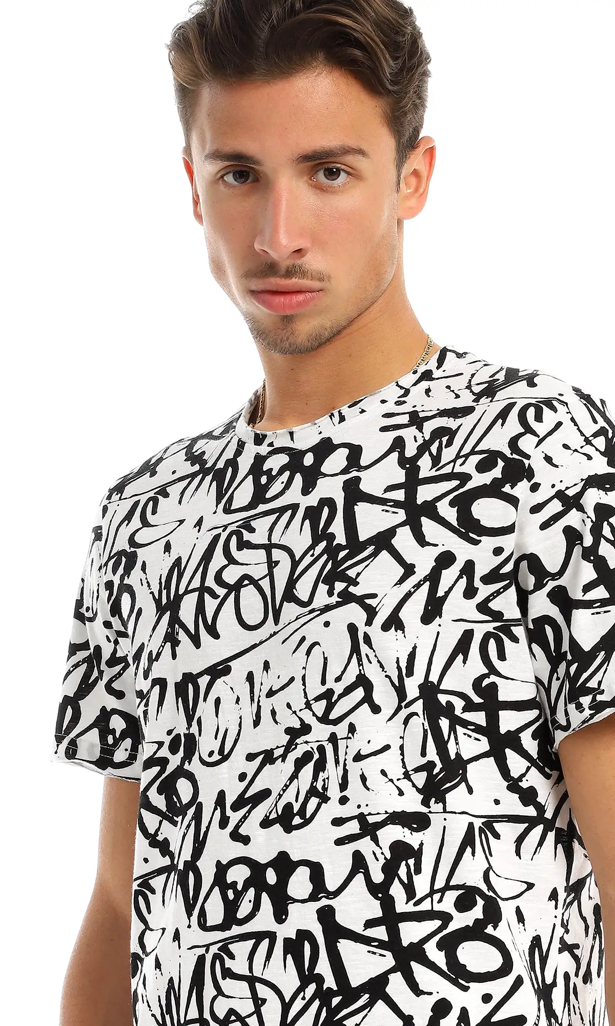 97177 Cool Self Patterned Crew Neck Black & White T-Shirt