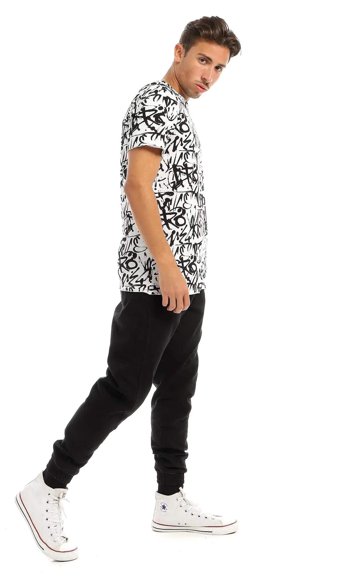 97177 Cool Self Patterned Crew Neck Black & White T-Shirt