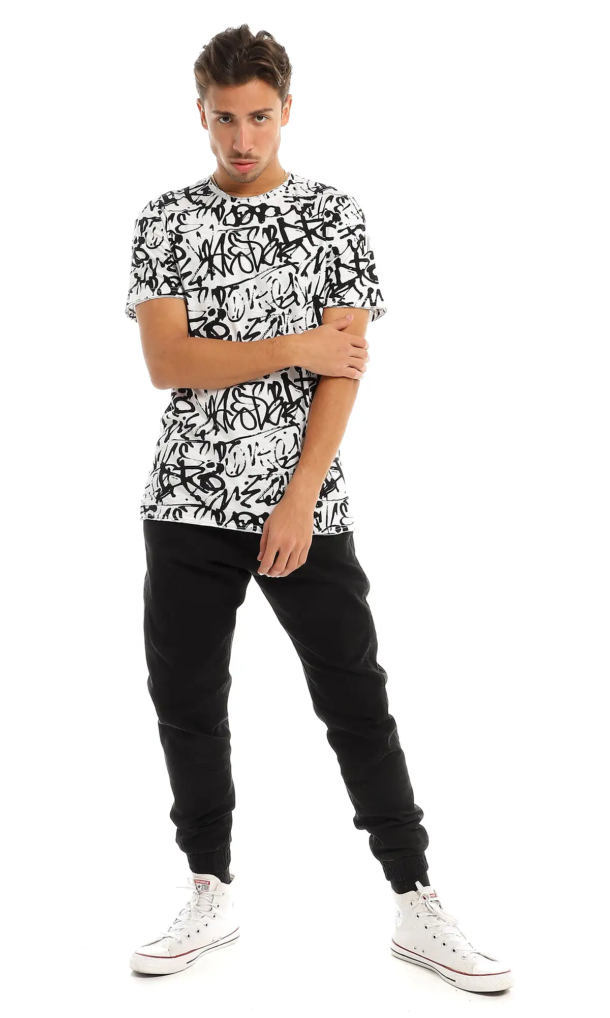 97177 Cool Self Patterned Crew Neck Black & White T-Shirt