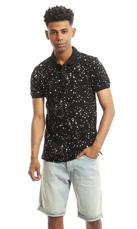 97567 Pique Random Splatters Collared Polo Shirt - Black & Beige