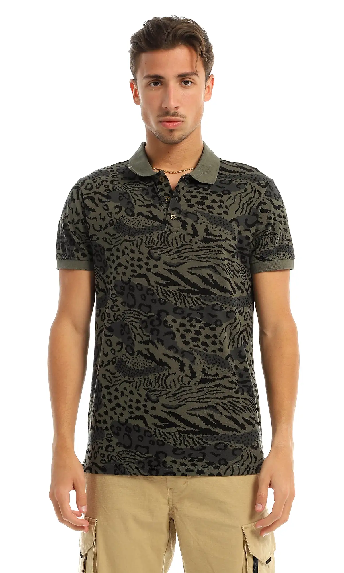 97568 Animal Pattern Classic Collar Olive Polo Shirt