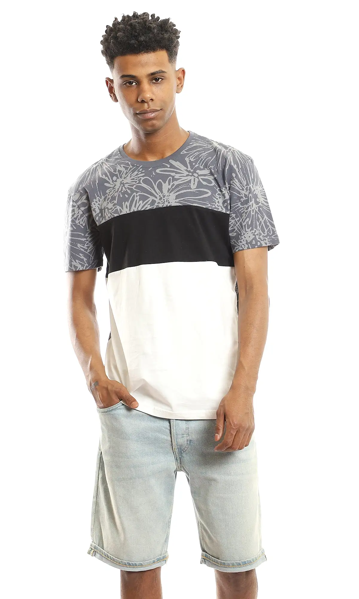 97643 Patterned Chest With Tri-Tone Summer Tee - Grey, Black & White