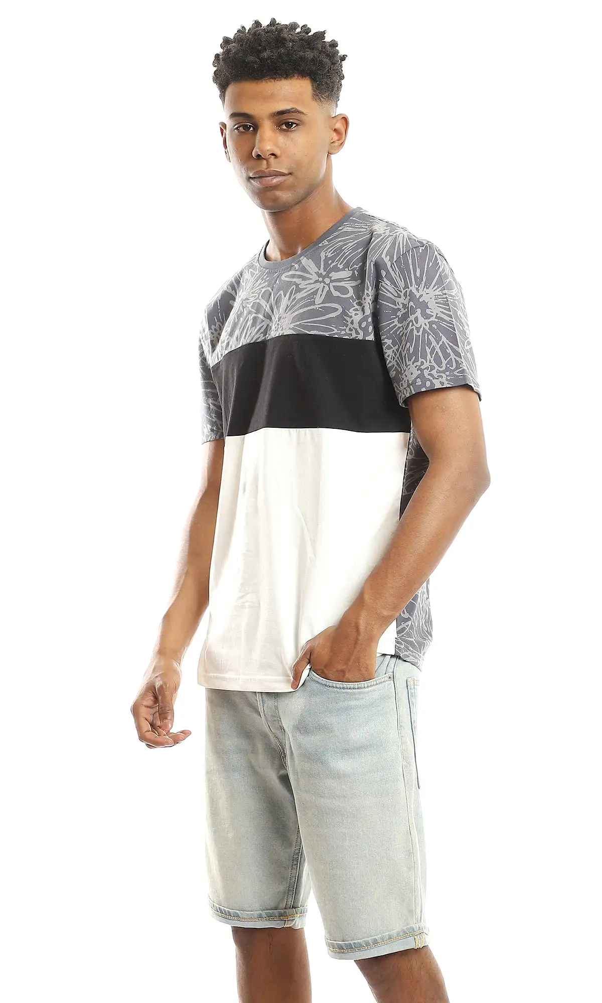 97643 Patterned Chest With Tri-Tone Summer Tee - Grey, Black & White