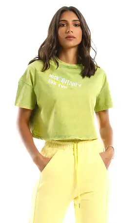 97656 Round Neck Printed Loose Apple Green Tee