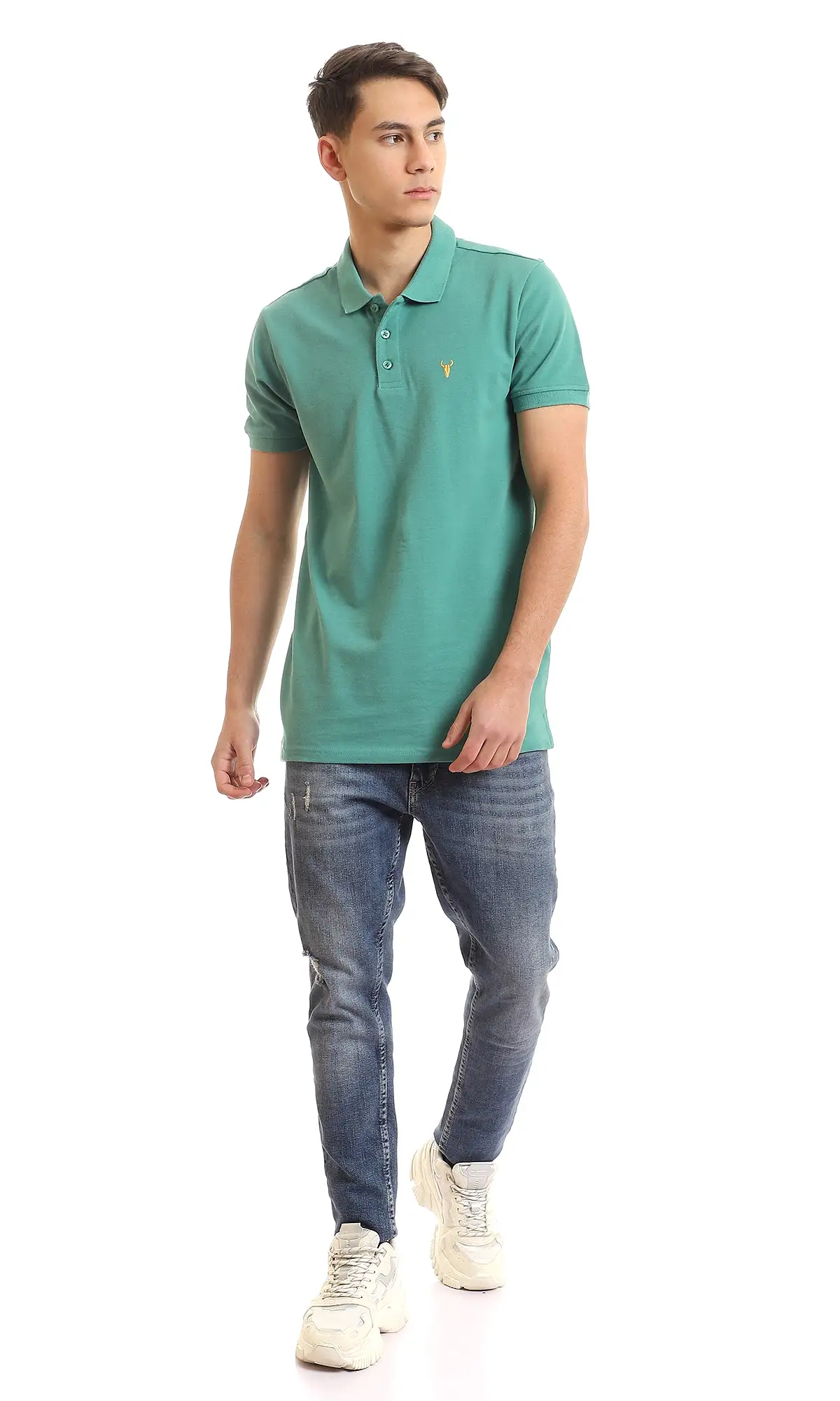 97899 Upper Buttoned Cotton Pique Polo Shirt - Dark Aquamarine Green