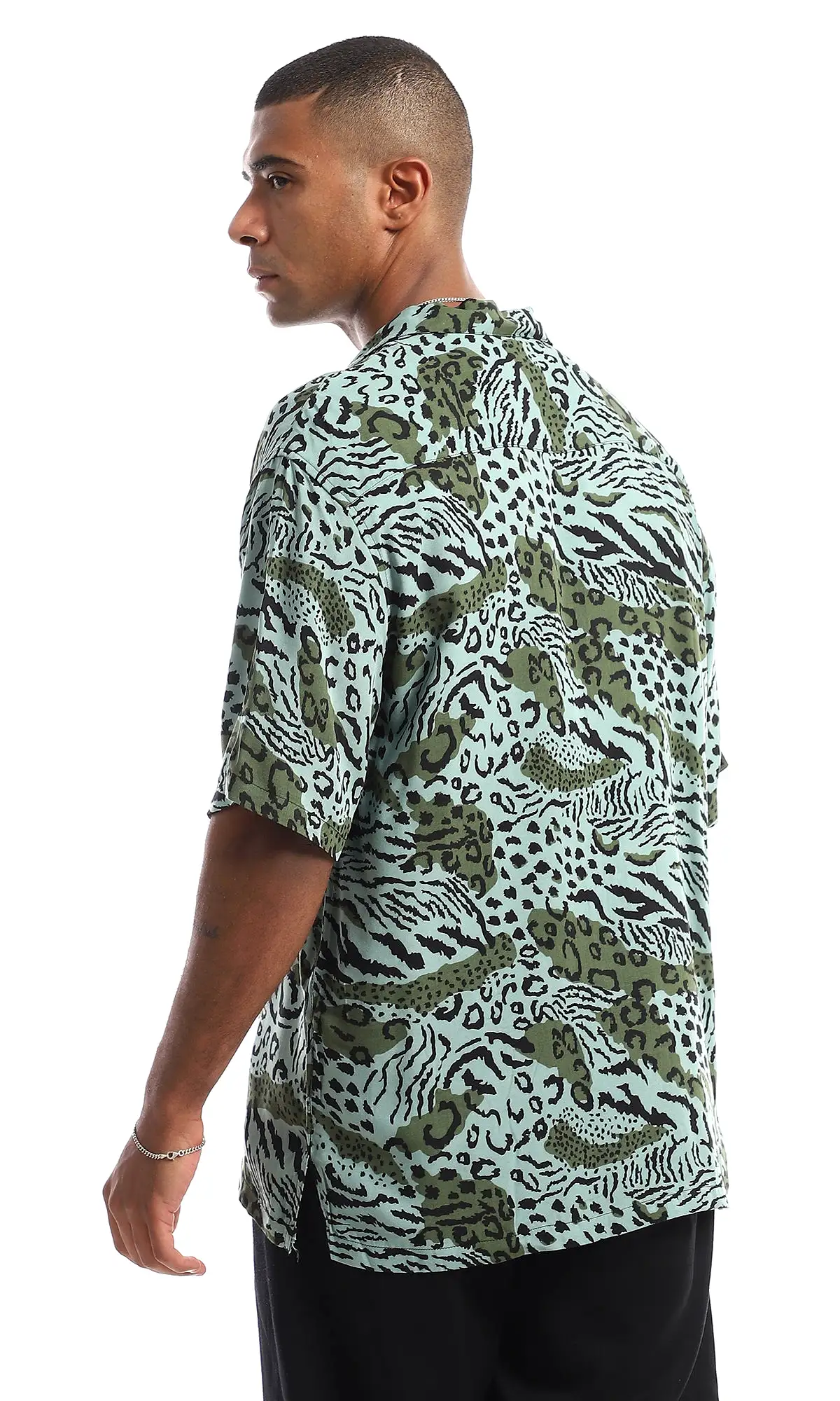 97941 Wild Animal Print Half Sleeves Shirt - Green Shades & Black