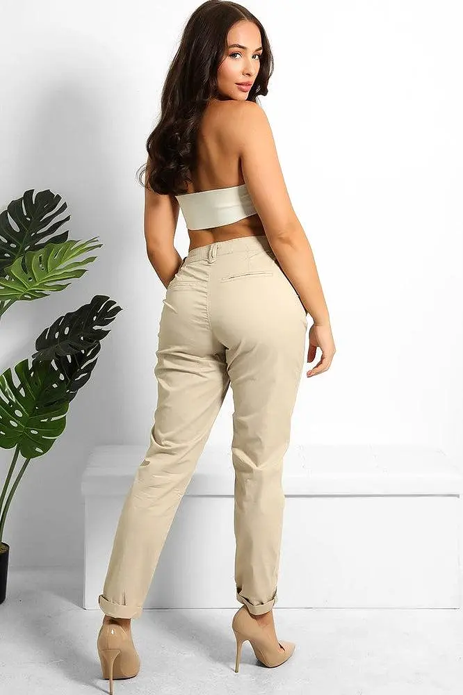 Beige Cotton Blend Rolled Up Hem Slacks