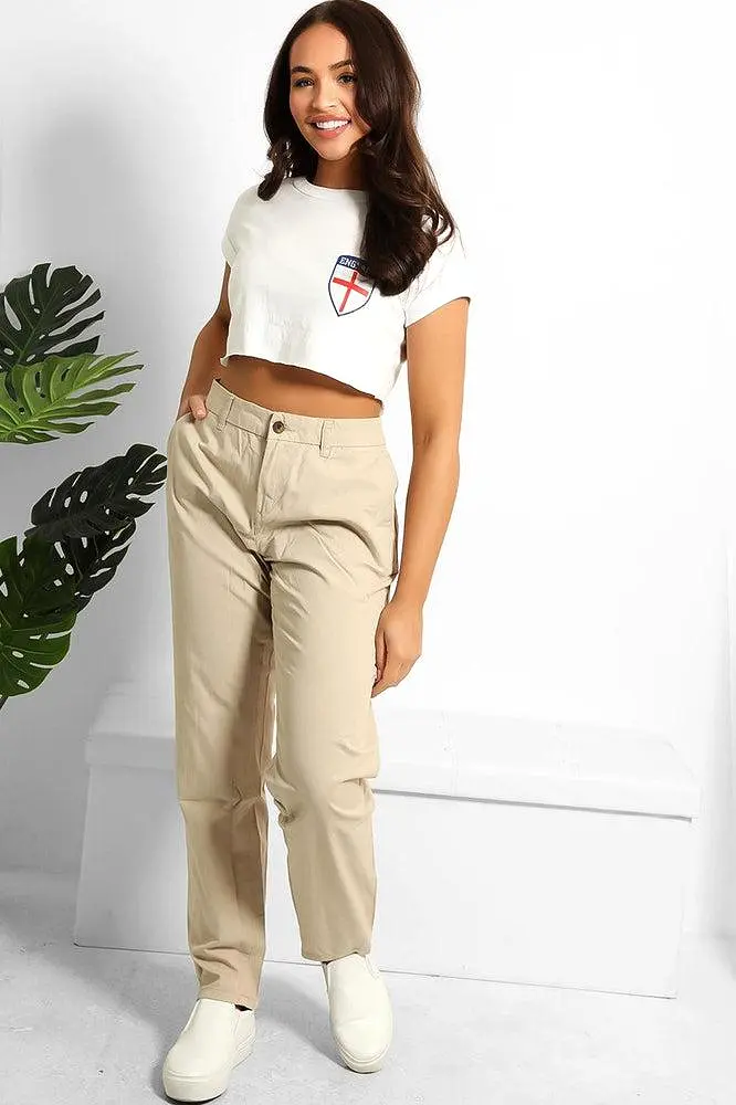 Beige Faux Button Pockets To Back Slacks