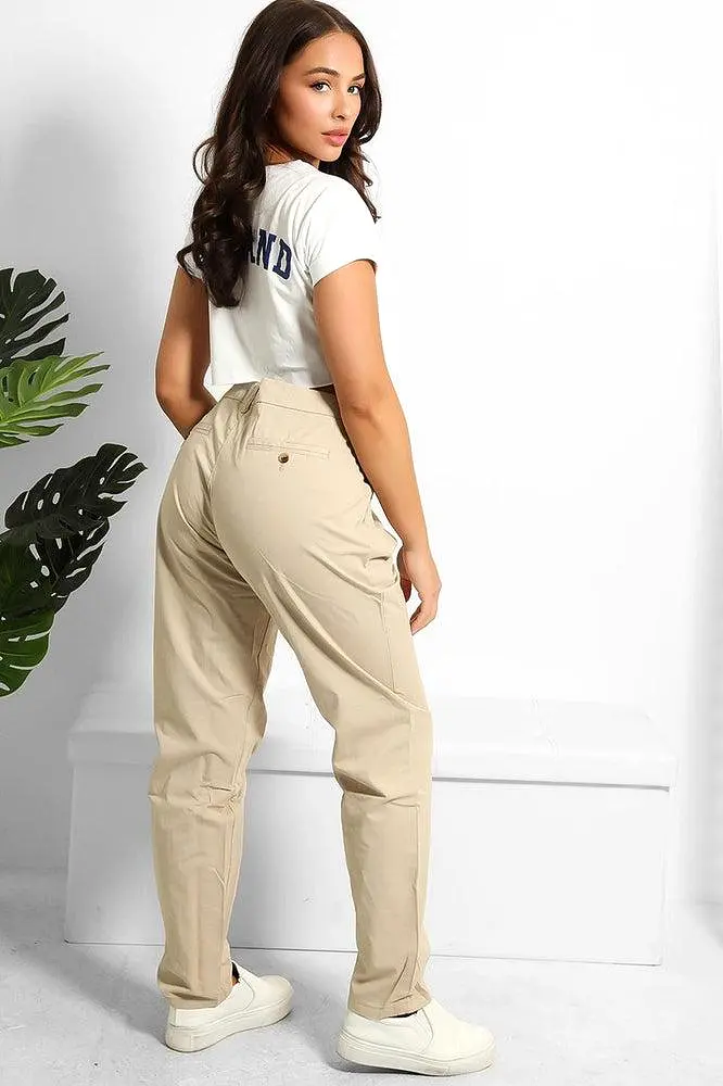 Beige Faux Button Pockets To Back Slacks