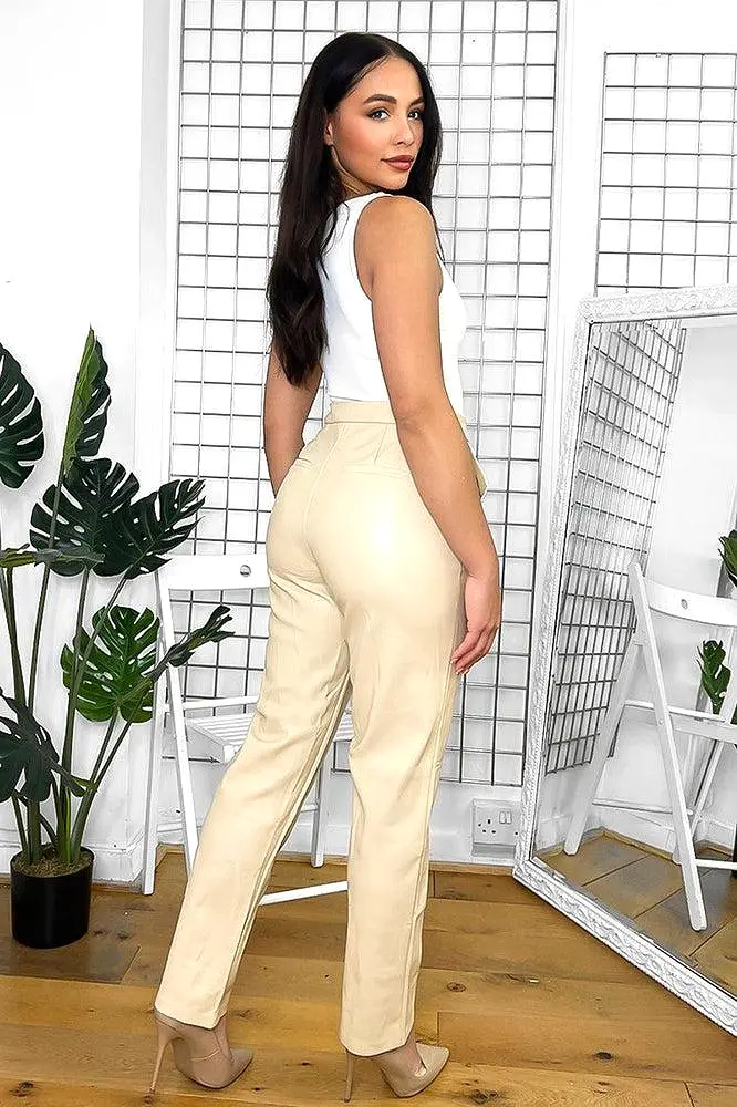 Beige Faux Leather Smart Trousers