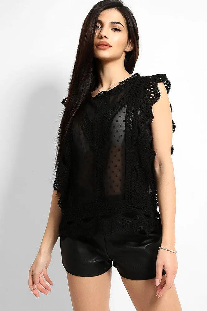 Black Dobby Mesh Crochet Lace Trims Blouse