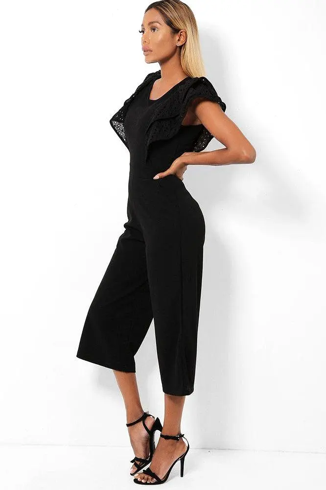 Black Double Wing Sleeves Cropped Wide Leg Jumpsuit