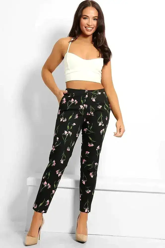 Black Floral Print Smart Trousers