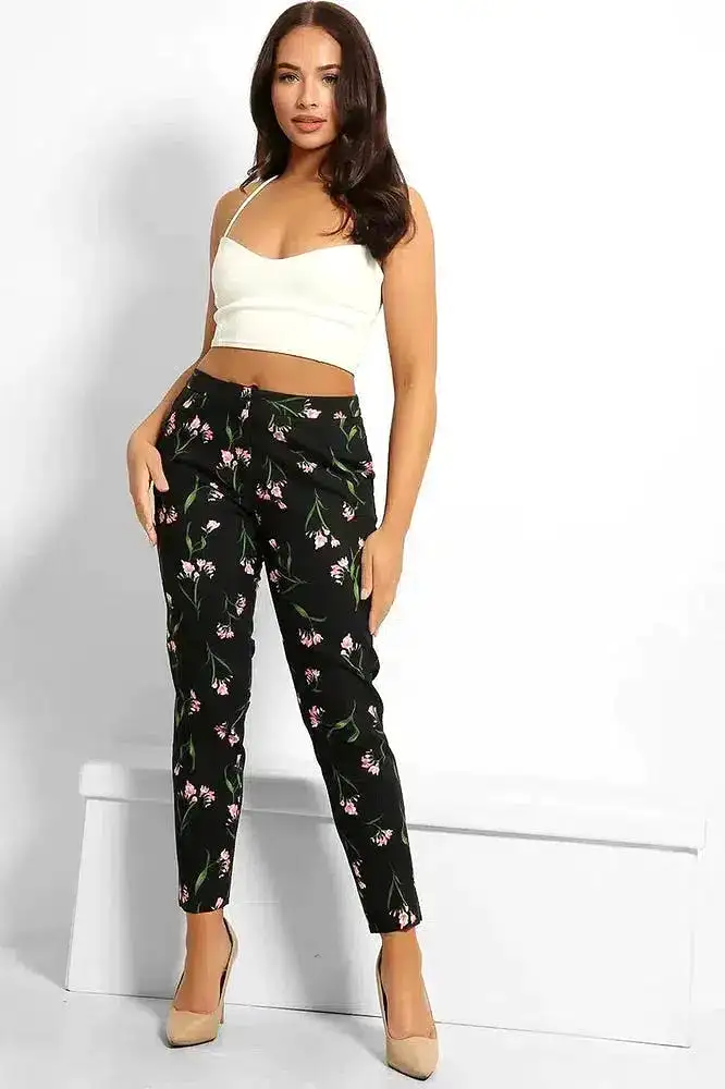 Black Floral Print Smart Trousers