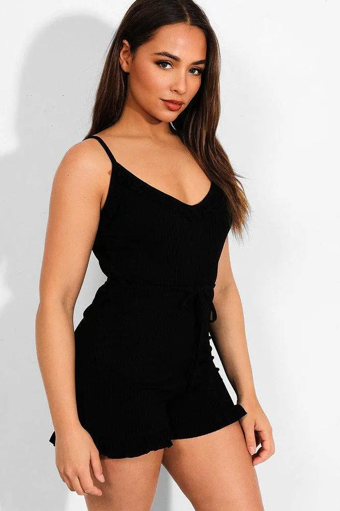 Black Frill Trims Ribbed Cami Playsuit