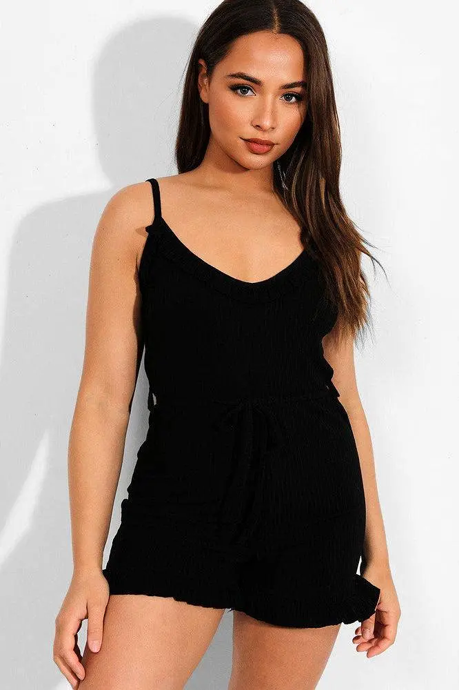 Black Frill Trims Ribbed Cami Playsuit