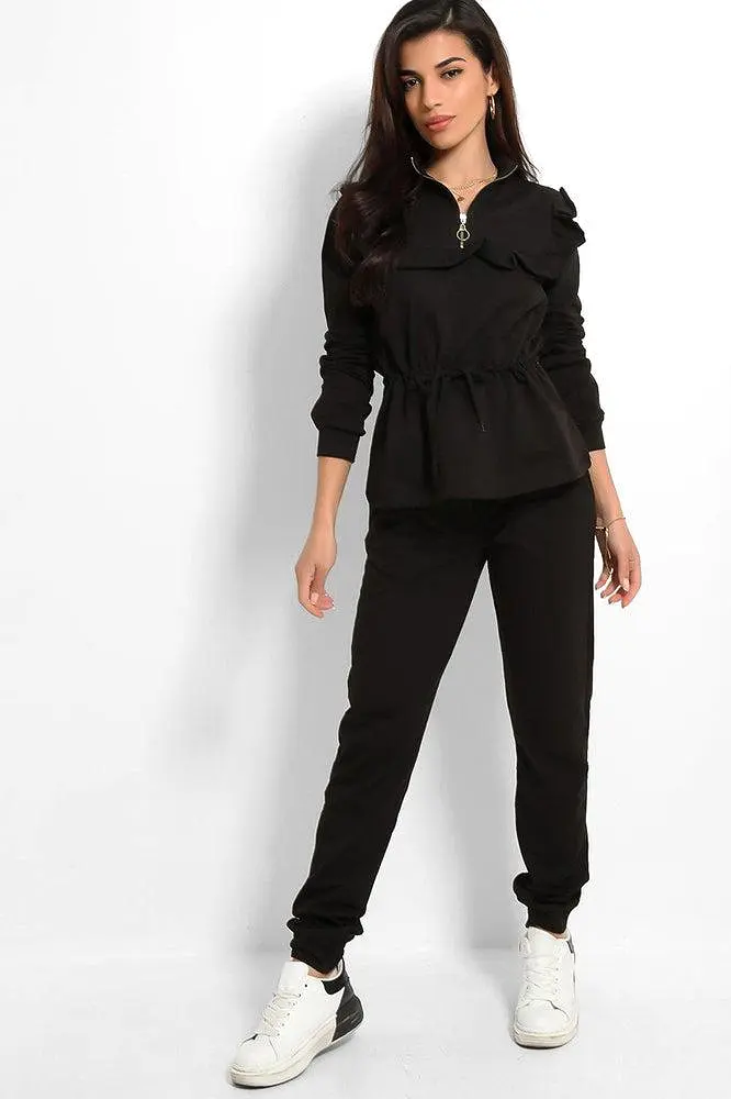 Black Frilled Drawstring Waist Tracksuit