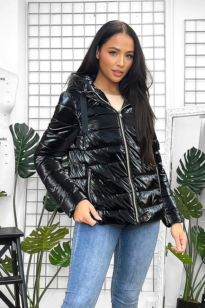 Black High Shine Padded Hooded Jacket