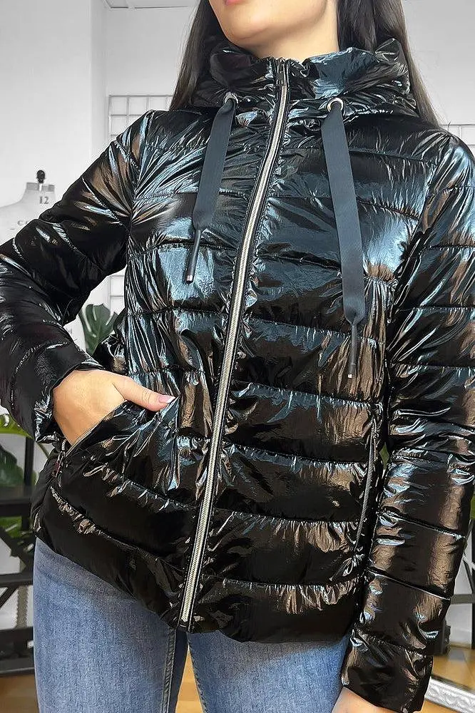 Black High Shine Padded Hooded Jacket