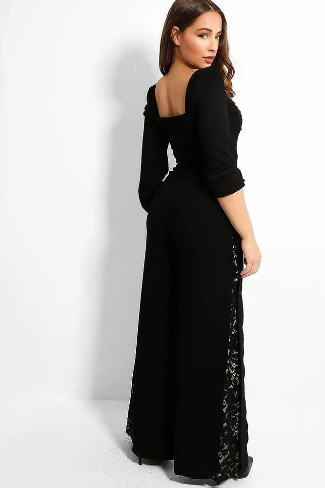 Black Lace Inserts Wide Leg Trousers