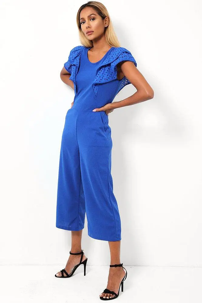 Blue Double Wing Sleeves Cropped Wide Leg Jumpsuit