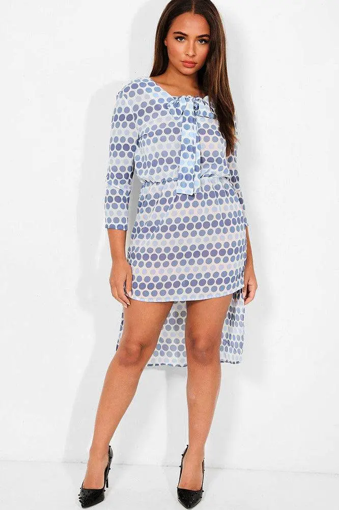 Blue Polka Dot Print Dip Hem Chiffon Dress