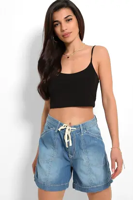 Blue Thin Denim Drawstring Waist Shorts