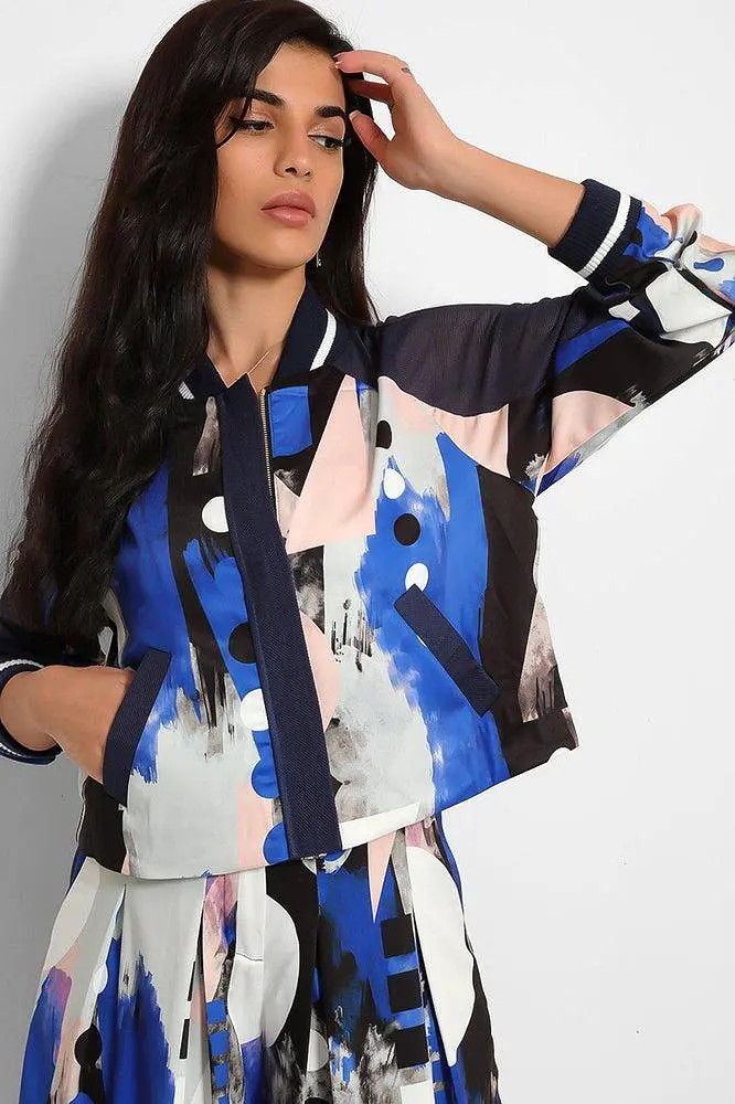 Blue Tones Abstract Print Cropped Jacket