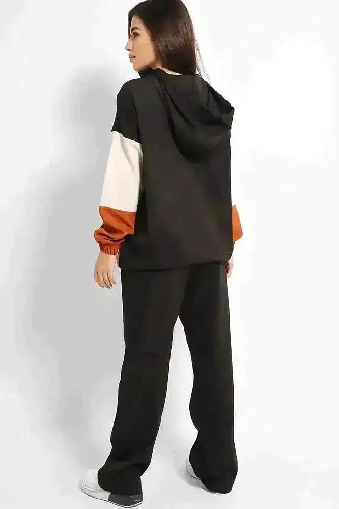 Brown Black Colourblock Longline Sweatshirt And Wide Leg Trousers Modest Set