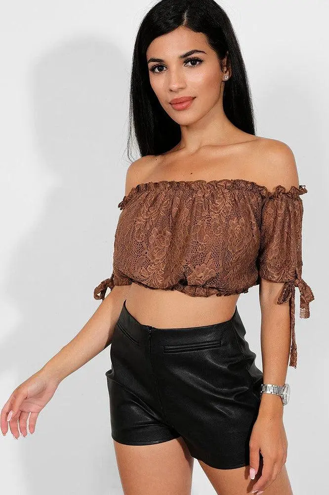 Brown Delicate Lace Bow Sleeves Bardot Crop Top