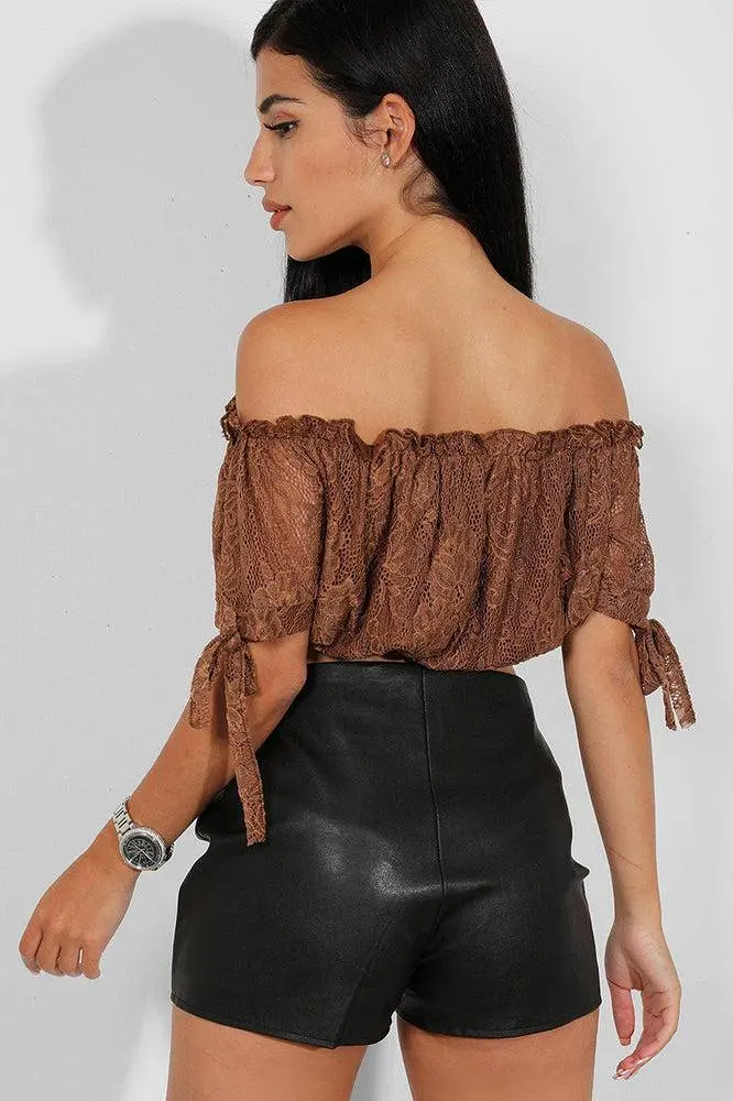 Brown Delicate Lace Bow Sleeves Bardot Crop Top