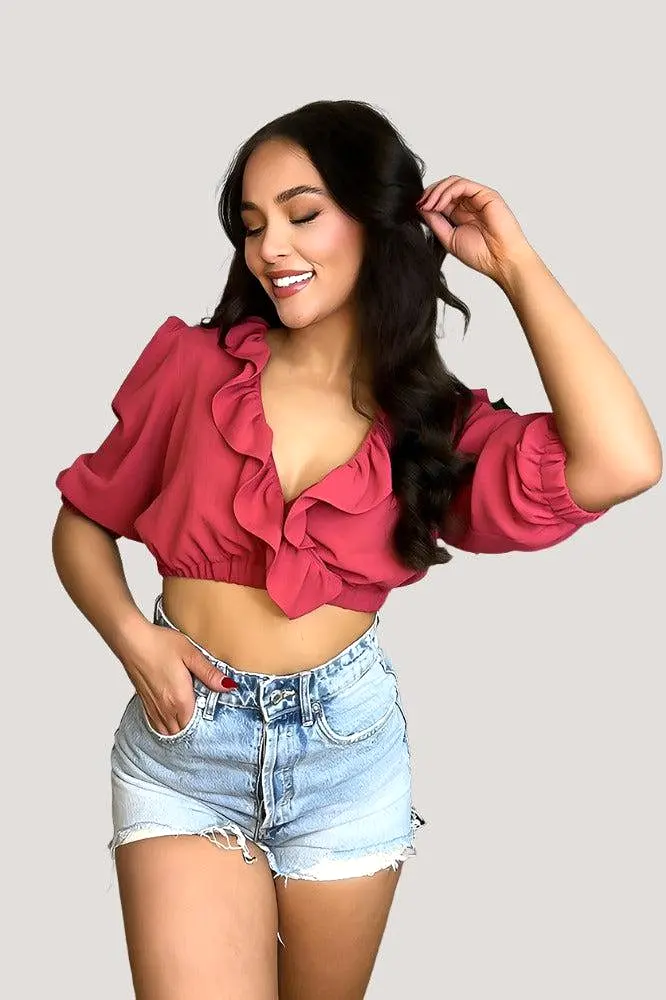 Burgundy Frilled Deep Plunge Crop Top