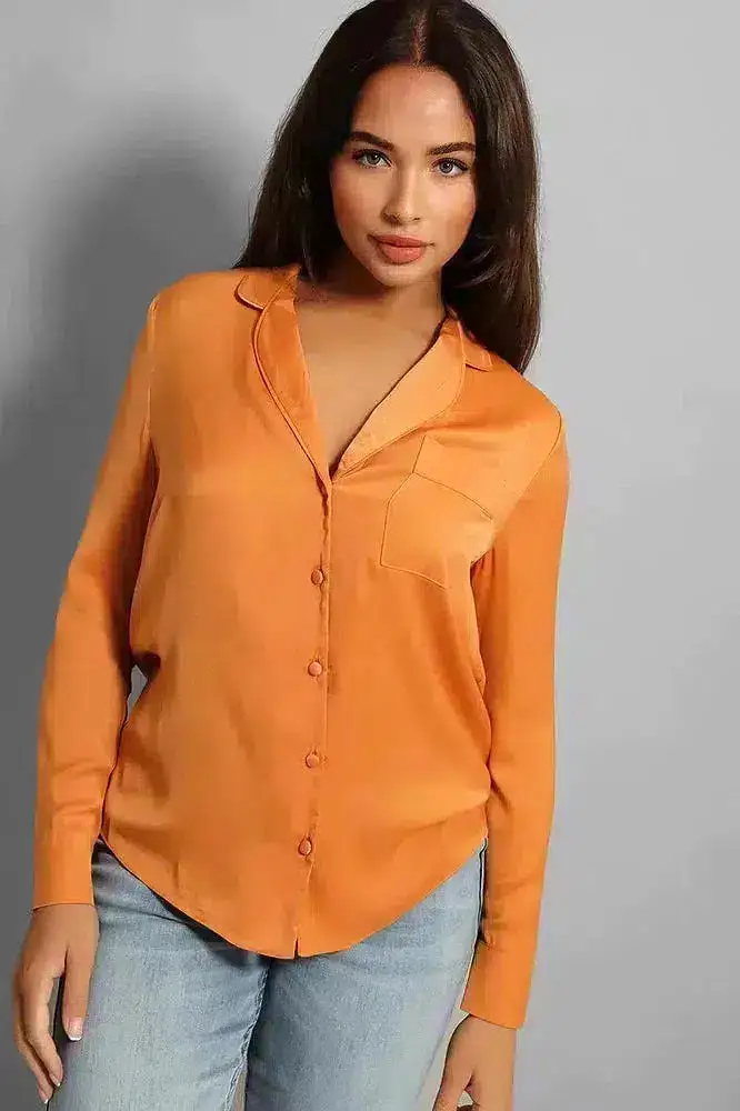 Burnt Orange Crepe Satin Pyjama Style Shirt