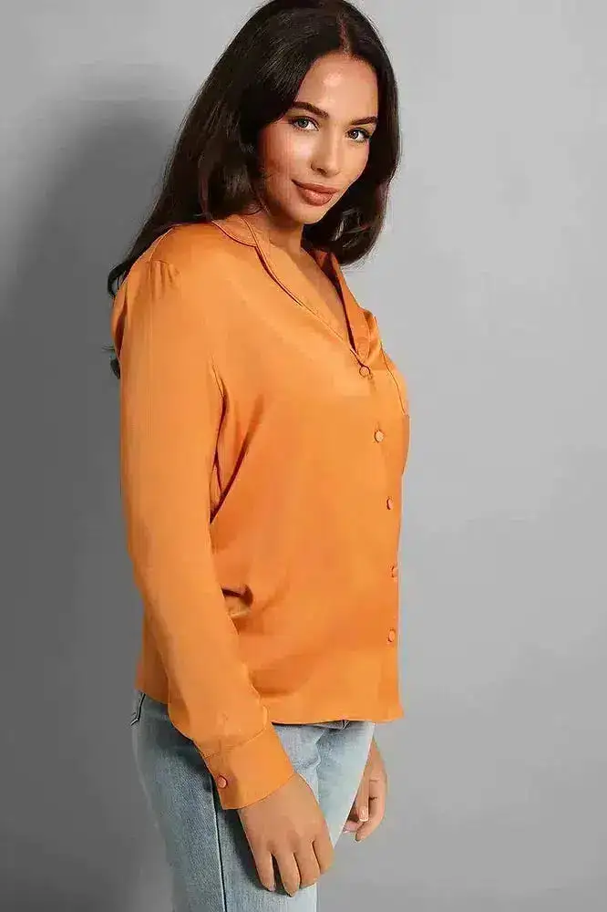 Burnt Orange Crepe Satin Pyjama Style Shirt