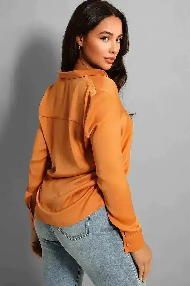 Burnt Orange Crepe Satin Pyjama Style Shirt